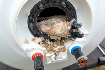Water heater repair. Repair and maintenance of boilers. The master plumber pulls out a tubular...