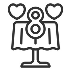 Table with tablecloth, two hearts and number 8 - icon, illustration on white background, outline style