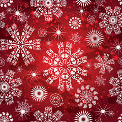 Red gradient seamless christmas pattern with vintage snowflakes and stars, vector 