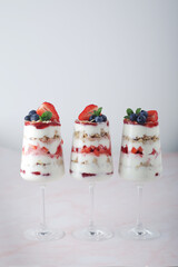 Strawberry milk yogurt desert in glasses