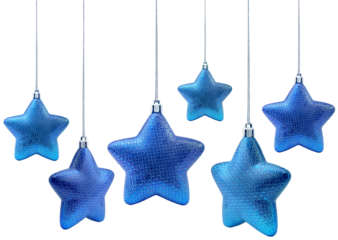 Blue roundish Christmas stars hanging isolated
