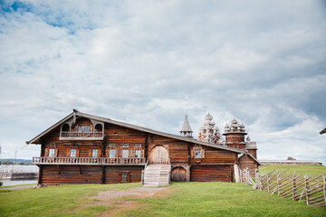 Kizhi churchyard. North Karelia. Intercession Church and the Church of the Transfiguration of the Lord on Lake Onega