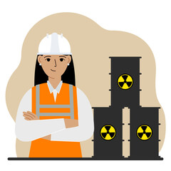 A female specialist next to black barrels with an image warning about the toxicity of waste. Radiation.