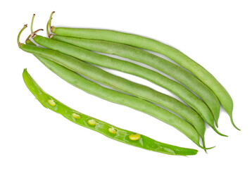 Fresh green beans isolated on a white background, top view