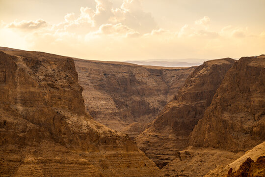 A view of Darga river cliffs in the judea desert in Israel.