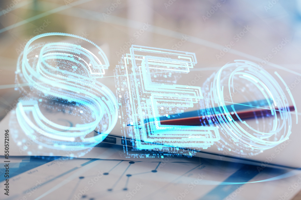 Poster Double exposure of table with computer and seo drawing hologram. Search optimization concept.