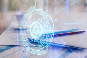 Obraz premium Double exposure of table with computer on background and data theme hologram. Data technology concept.