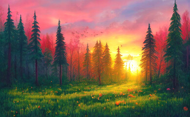 Magical forest at sunset, beautiful nature scenery, colorful trees and landscape, The scene of beautiful forest in a magical natural environment.

