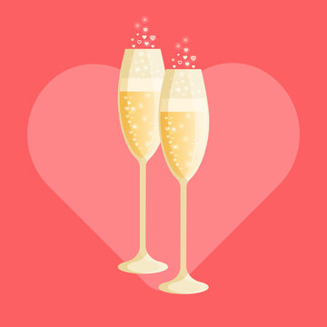 Two glasses of champagne with bubbles isolated on a red heart background