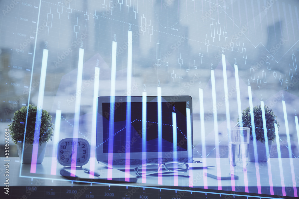 Poster Forex Chart hologram on table with computer background. Multi exposure. Concept of financial markets.