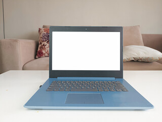 Mockup image, white blank screen laptop computer on the front display in modern home space. mockup laptop