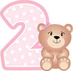 Obraz na płótnie Canvas Cute teddy bear girl with number 2 for birthday party