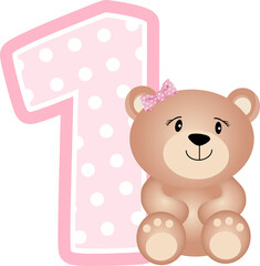 Cute teddy bear girl with number 1 for birthday party