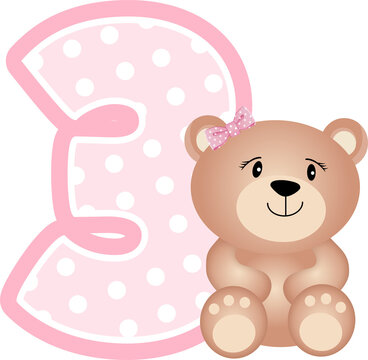 Cute teddy bear girl with number 3 for birthday party