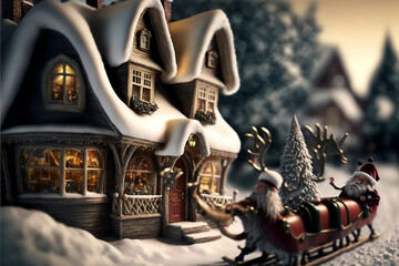 Tiny Bayern Christmas Village crowded with little Santa Claus and many elves, miniature and macro, Christmas decorations, Christmas trees, Christmas lights and presents