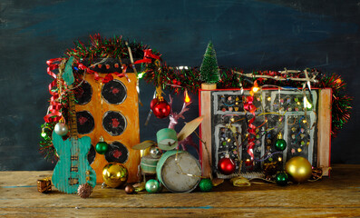 Musical instruments for christmas with grungy cardboard models of musical instruments,...