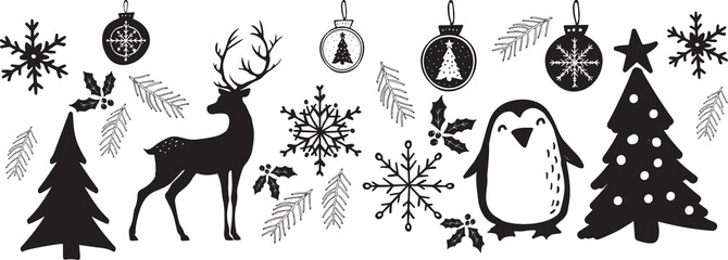 Merry Christmas, Holiday, New year, winter horizontally illustration with snowflake, balls, animals, Christmas tree, deer.