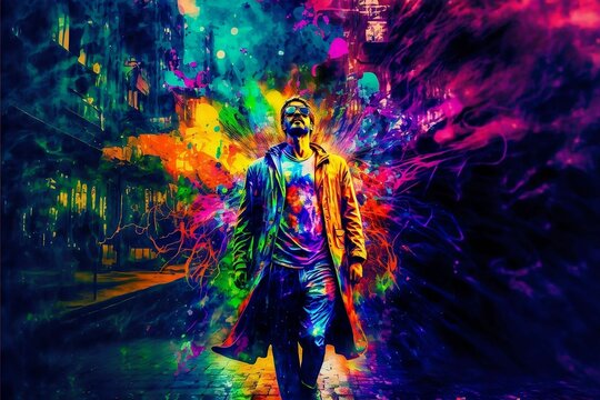Drawing of a man with rainbow paint exploding behind him and his clothes covered in colourful paint. Generative AI