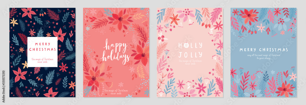 Wall mural Christmas card set - hand drawn floral flyers. Lettering with Christmas decorative elements.