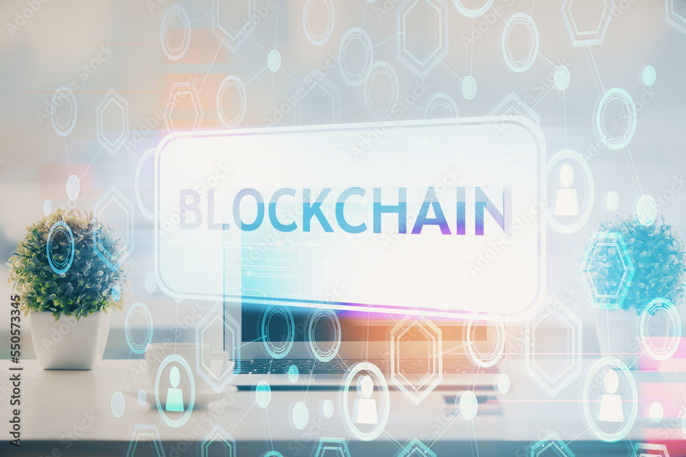 Aufkleber Double exposure of blockchain and crypto economy theme hologram and table with computer background. Concept of bitcoin cryptocurrency.