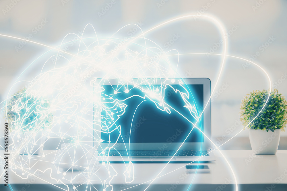Aufkleber double exposure of business theme icons and work space with computer background. concept of success.