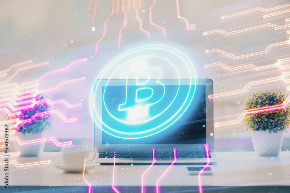 Poster double exposure of blockchain and crypto economy theme hologram and table with computer background. 