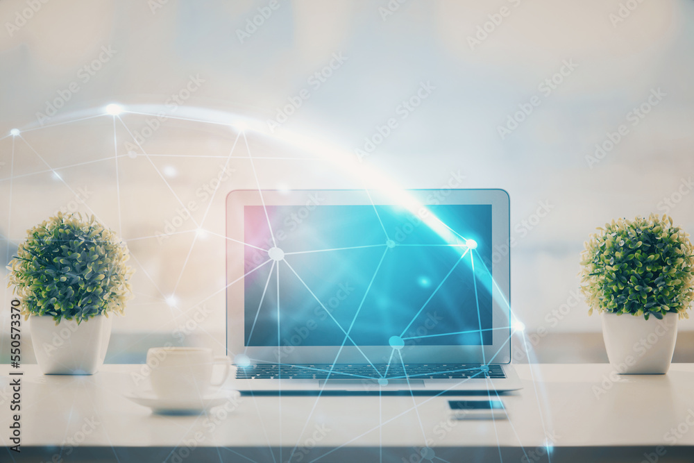 Poster computer on desktop with social network hologram. double exposure. concept of international people c