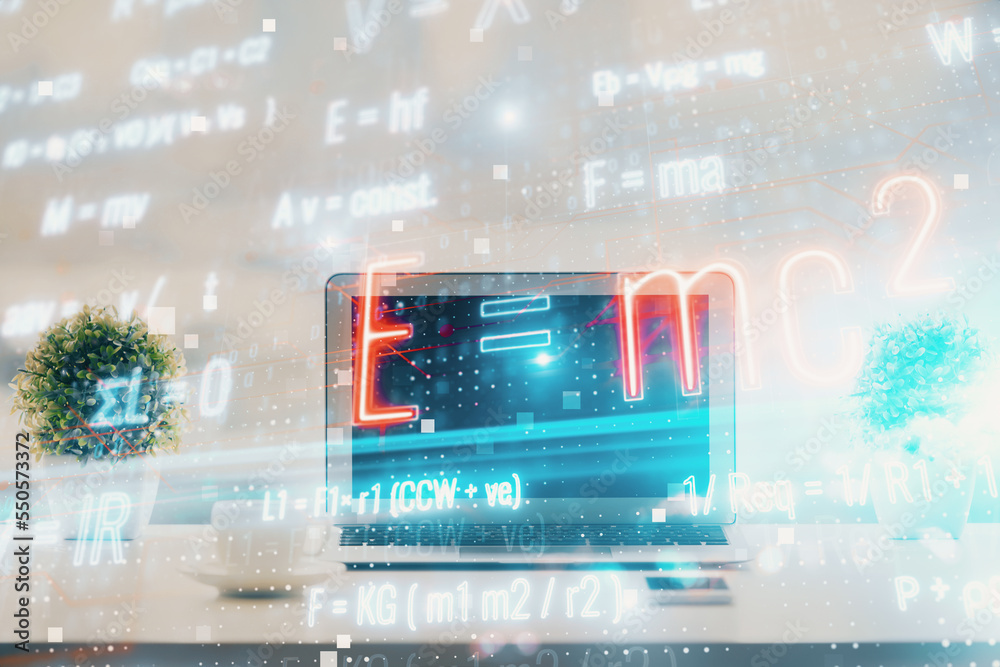 Poster desktop computer background and formula hologram writing. double exposure. education concept.