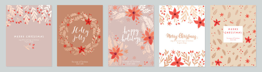 Christmas card set - hand drawn floral flyers boho style. Lettering with Christmas decorative elements.