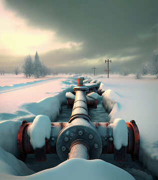 gas pipeline in Russian on snowy landscape in winter
