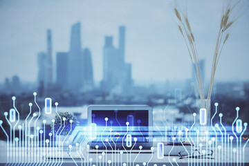 Multi exposure of table with computer on background and data theme drawing. Concept of innovation.