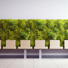 Digital render of waiting room with greenwall.