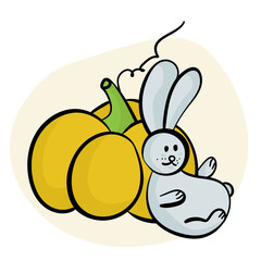 Bunny and pumpkin, cute character in doodle style for autumn card
