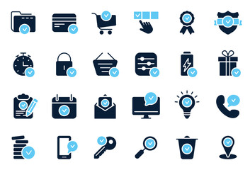 Checkmark Success Good Service Silhouette Icon Set. Confirmed Check Mark Quality Approved Stamp Glyph Pictogram. Guarantee Seal Icon Award Symbol. Approval Check Mark. Isolated Vector Illustration