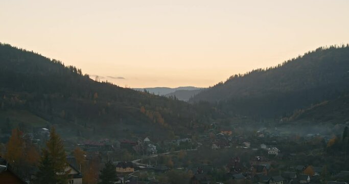 autumn carpathians, slavske, western ukraine, timelapse in the mountains, clouds and fog fly by quickly.