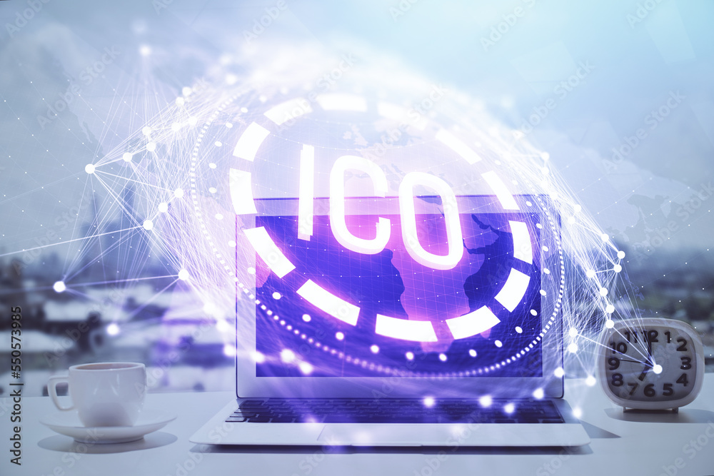 Poster Double exposure of blockchain and crypto economy theme hologram and table with computer background. Concept of bitcoin cryptocurrency.
