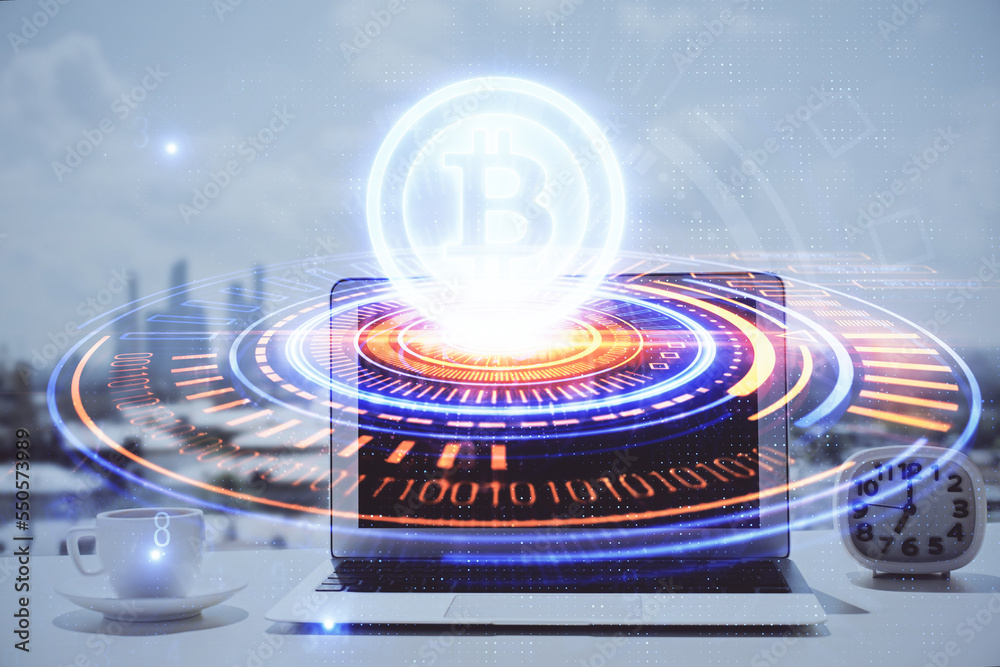 Poster Double exposure of blockchain and crypto economy theme hologram and table with computer background. Concept of bitcoin cryptocurrency.