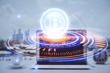 Double exposure of blockchain and crypto economy theme hologram and table with computer background. Concept of bitcoin cryptocurrency.