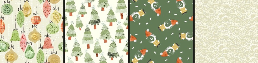 Vintage Christmas seamless backgrounds set, Retro Holiday repeatable patterns - 550574311