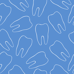 Vector seamless pattern with teeth on a blue background. Illustration on the theme of dentistry. The pattern of teeth. Stomatology concept outline illustration