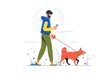 People sit in gadgets modern flat concept. Young man walks dog and scrolls news feed on smartphone. Online addiction and communication. Illustration with people scene for web banner design