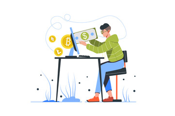 Cryptocurrency mining modern flat concept. Young man invests money in digital currency and buys bitcoins. Crypto business and trading. Illustration with people scene for web banner design