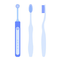 Set of toothbrush. Dental cleaning tools. Electrical and manual tooth hygienic equipment. Teeth health vector flat illustration isolated on white background