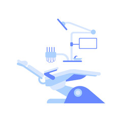 Dentist office. Dental room interior with dentist chair, lamp, drilling machine, instrument for teeth treatment. Stomatology service. Clinic cabinet, orthodontist practice workplace illustration