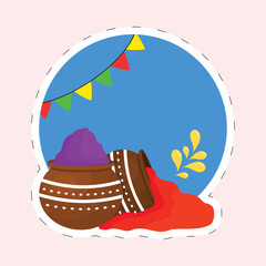 Pink And Red Gulal (Dry Paint Color) Mud Pot With String Flag Hang Circle Frame In Sticker Style.