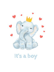Cute baby elephant in a crown surrounded by hearts, postcard for the birth of a child, congratulations, watercolor