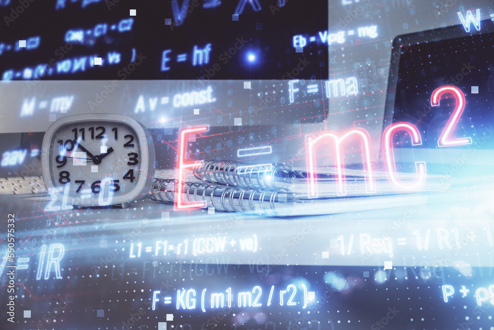 Aufkleber desktop computer background and formula hologram writing. double exposure. education concept.