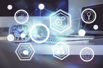 Computer on desktop with social network theme icon. Multi exposure. Concept of international connections.