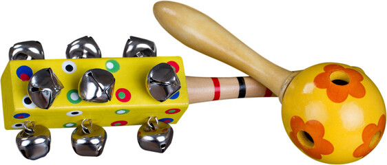 Close-up photo of yellow music instruments isolated on white background