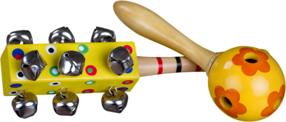 Close-up photo of yellow music instruments isolated on white background